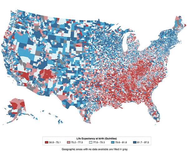 USA map showing the Life Expectancy at Birth for U.S. States and Census Tracts, 2010-2015