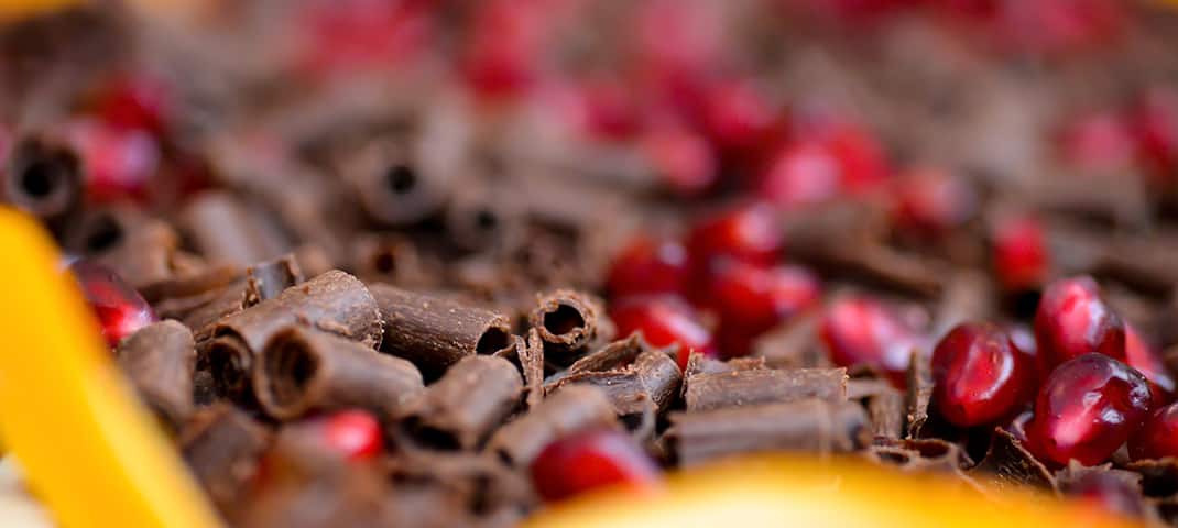 Closeup of chocolate chips and pomegranate