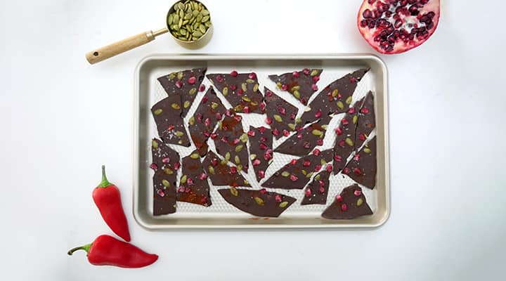 Baking sheet of chili chocolate bark for a sexy food dish