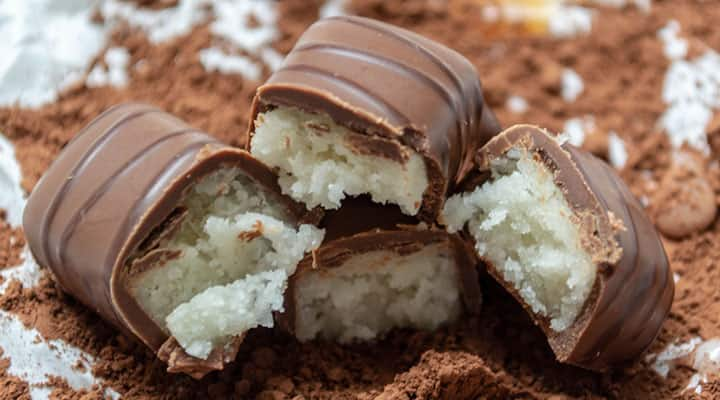 Coconut filled cacao bars broken in half