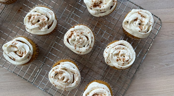 These frosted pumpkin muffins are a lower-sugar and lower-fat treat