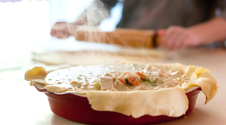 Pot pie using leftover turkey to add flavor to plain turkey meat