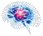 illustration of human brain with computer circuits