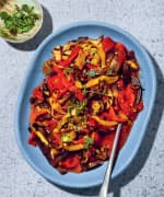 Roasted vegetable salad in a blue bowl