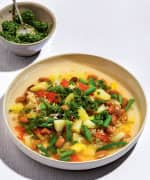 Summer Vegetable Soup in a white bowl