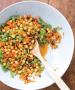 Chickpea salad with carrots, arugula, and olives