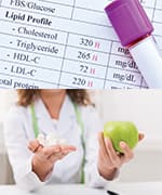 Blood vial sitting on top of lipid profile that can be benefited through two organic compounds