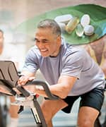 Man on stationary bicycle following adaquate nutrient intake