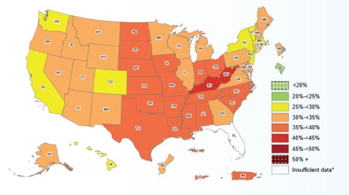 United States map color coded for self-reported obesity among U.S. adults