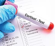 Lab technician overlapping blood test vial over cortisol level results