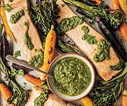 Fall Harvest Sheet Pan Salmon and Veggies with Kale Pesto